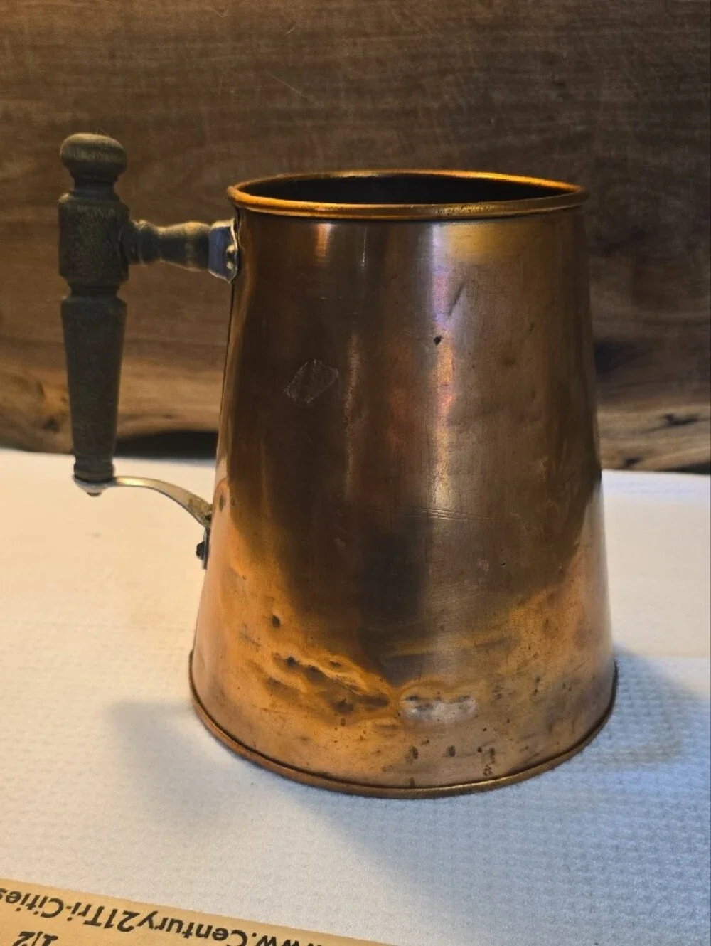 VINTAGE Copper Pitcher with Wood Handle - Rustic Home Kitchen Accent